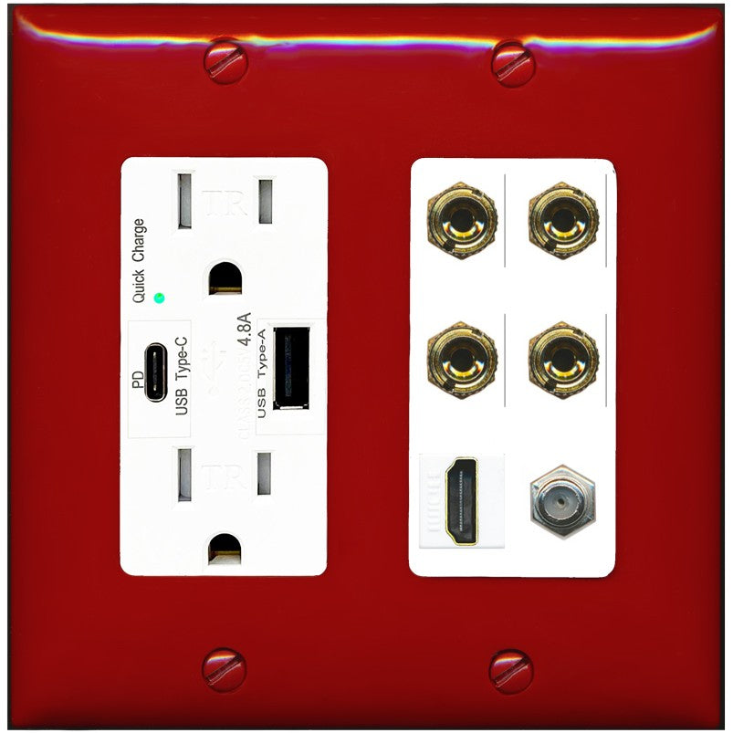 RiteAV 4 Port Banana 2 Speaker Binding Post HDMI Coax Wall Plate - USB A+C Outlet [Red/White]