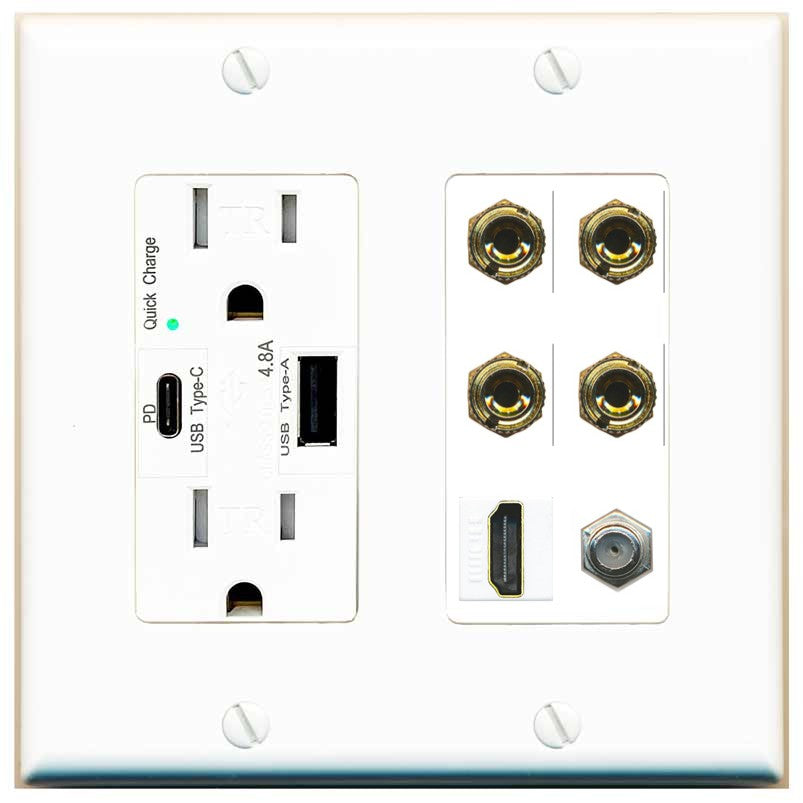 RiteAV 4 Port Banana 2 Speaker Binding Post HDMI Coax Wall Plate - USB A+C Outlet [White]
