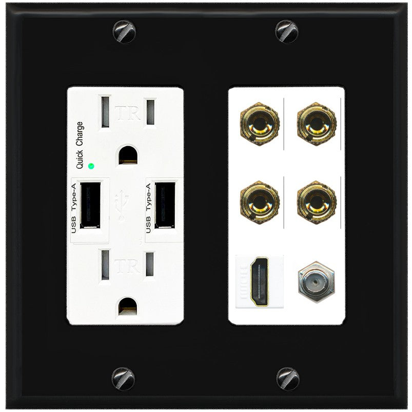 RiteAV 4 Port Banana 2 Speaker Binding Post HDMI Coax Wall Plate - USB Outlet [Black/White]