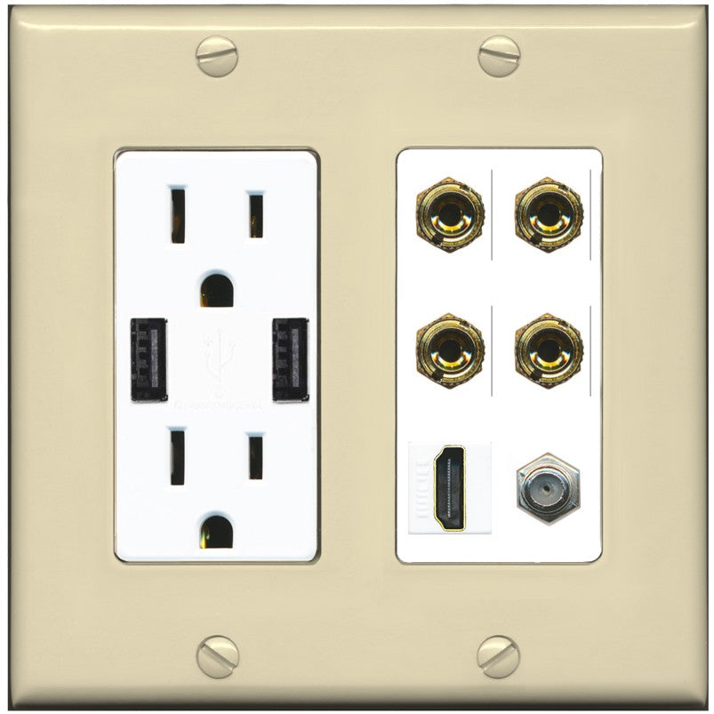 RiteAV 4 Port Banana 2 Speaker Binding Post HDMI Coax Wall Plate - USB Outlet [Ivory/White]