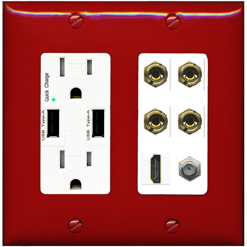 RiteAV 4 Port Banana 2 Speaker Binding Post HDMI Coax Wall Plate - USB Outlet [Red/White]
