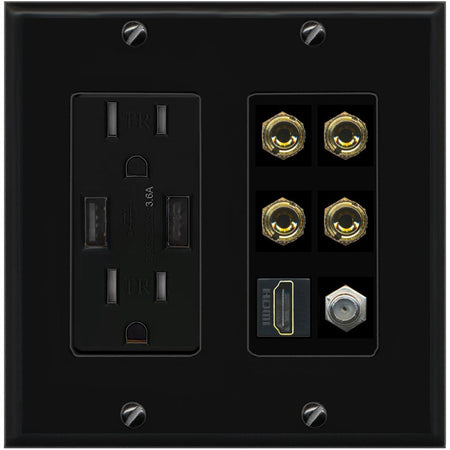 RiteAV 4 Port Banana 2 Speaker Binding Post HDMI Coax Wall Plate - USB Outlet [Black/Black]