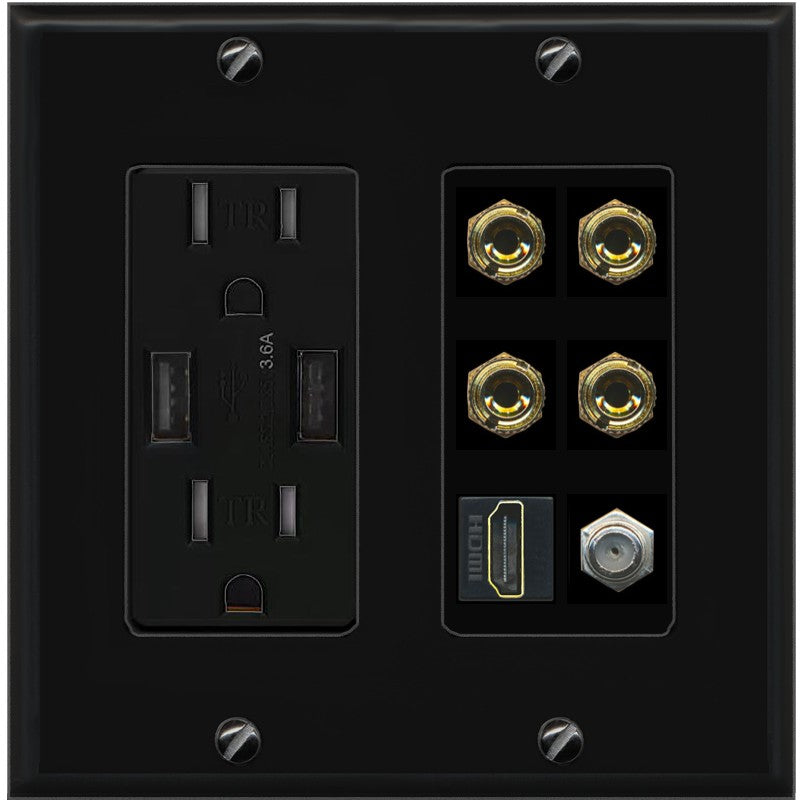 RiteAV 4 Port Banana 2 Speaker Binding Post HDMI Coax Wall Plate - USB Outlet [Black/Black]