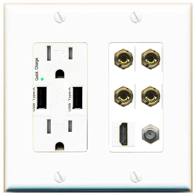 RiteAV 4 Port Banana 2 Speaker Binding Post HDMI Coax Wall Plate - USB Outlet [White]