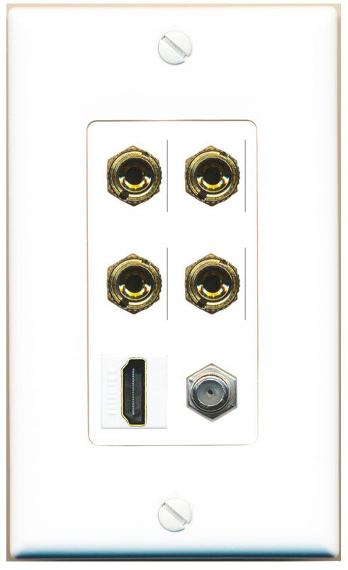 RiteAV 4 Port Banana 2 Speaker Binding Post HDMI Coax Wall Plate - 1 Gang Decorative [White]