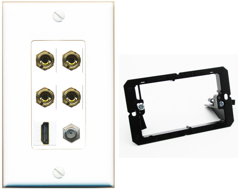 RiteAV 4 Port Banana 2 Speaker Binding Post HDMI Coax Wall Plate - Bracket [White]
