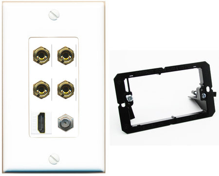 RiteAV 4 Port Banana 2 Speaker Binding Post HDMI Coax Wall Plate - Bracket [White]