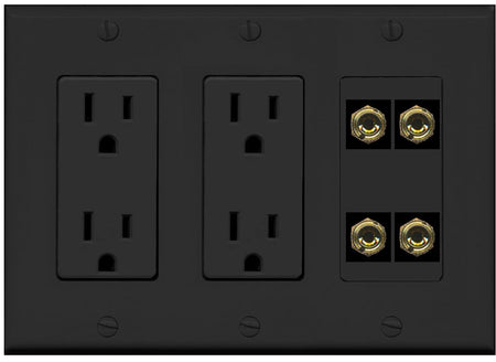 RiteAV 4 Banana 2 Speaker Surround Female Coupler Binding Post Wall Plate - 2 Outlet [Black/Black]