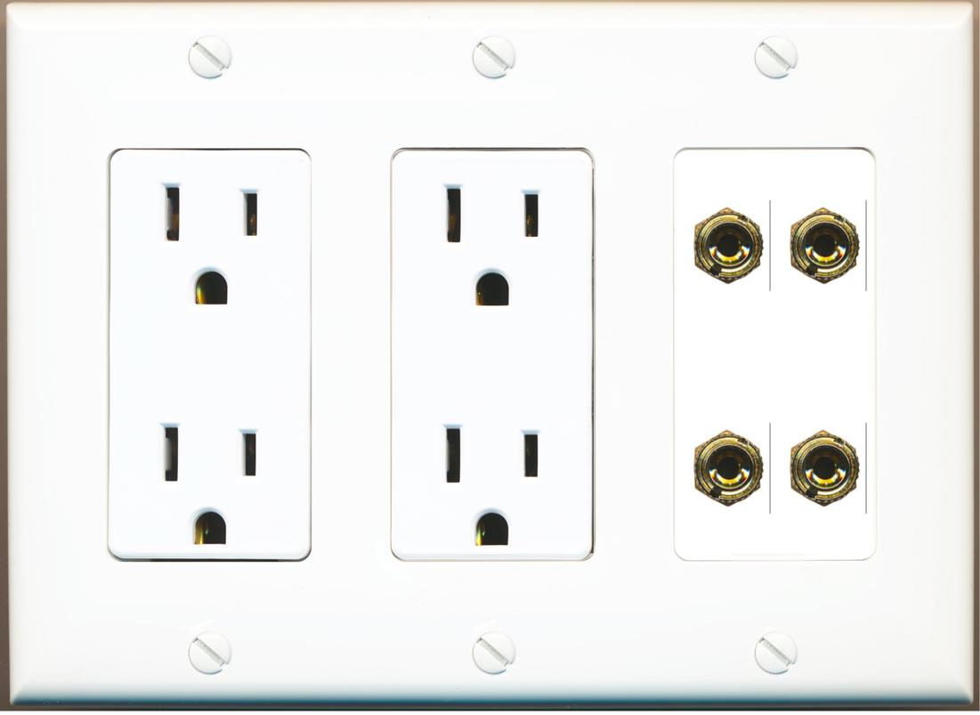 RiteAV 4 Banana 2 Speaker Surround Female Coupler Binding Post Wall Plate - 2 Outlet [White]