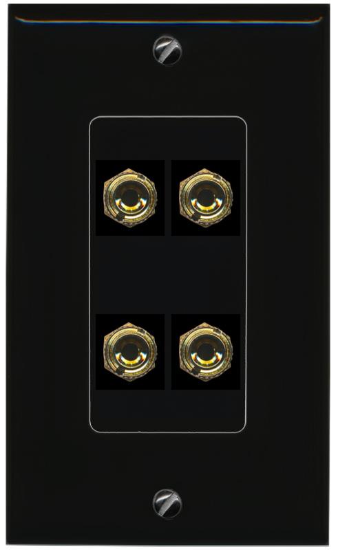 RiteAV 4 Banana 2 Speaker Surround Female Coupler Binding Post Wall Plate - 1 Gang [Black/Black]