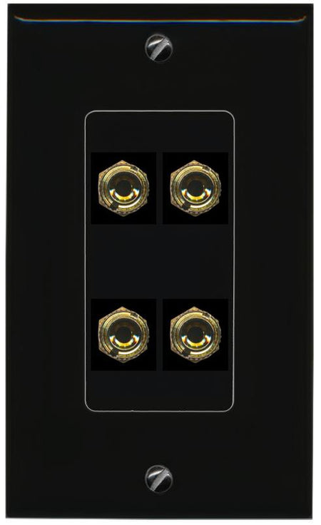 RiteAV 4 Banana 2 Speaker Surround Female Coupler Binding Post Wall Plate - 1 Gang [Black/Black]
