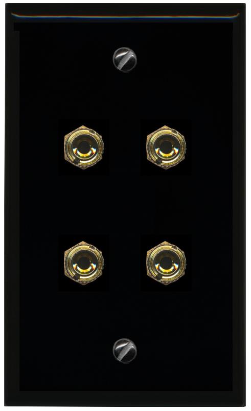 RiteAV 4 Banana 2 Speaker Surround Female Coupler Binding Post Wall Plate - Flat [Black/Black]