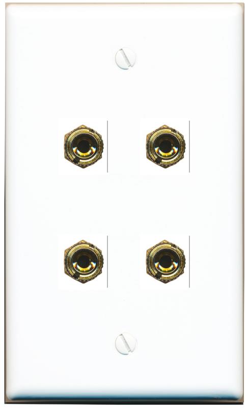 RiteAV 4 Banana 2 Speaker Surround Female Coupler Binding Post Wall Plate - Flat [White]