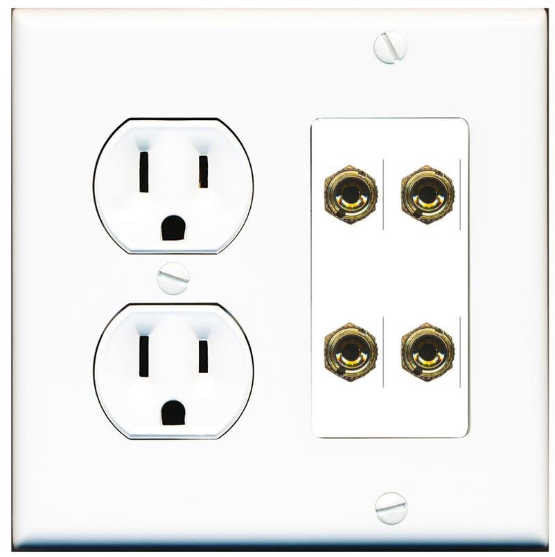 RiteAV 4 Banana 2 Speaker Surround Female Coupler Binding Post Wall Plate - Round Outlet [White]