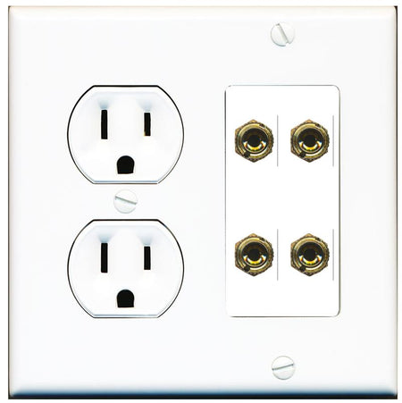 RiteAV 4 Banana 2 Speaker Surround Female Coupler Binding Post Wall Plate - Round Outlet [White]