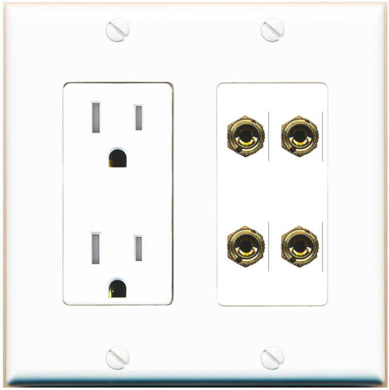 RiteAV 4 Banana 2 Speaker Surround Female Coupler Binding Post Wall Plate - Tamper-Res [White]