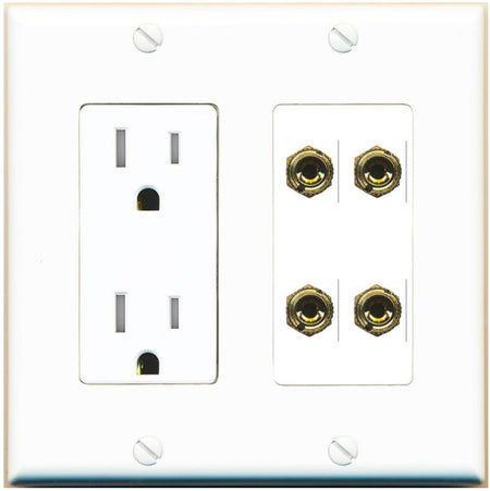 RiteAV 4 Banana 2 Speaker Surround Female Coupler Binding Post Wall Plate - Tamper-Res [White]