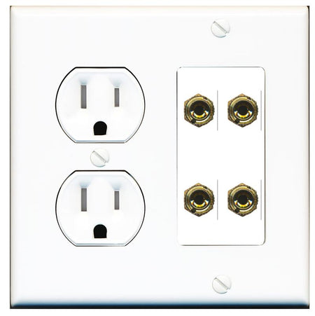 RiteAV 4 Banana 2 Speaker Surround Female Coupler Binding Post Wall Plate - Tamper Proof [White]