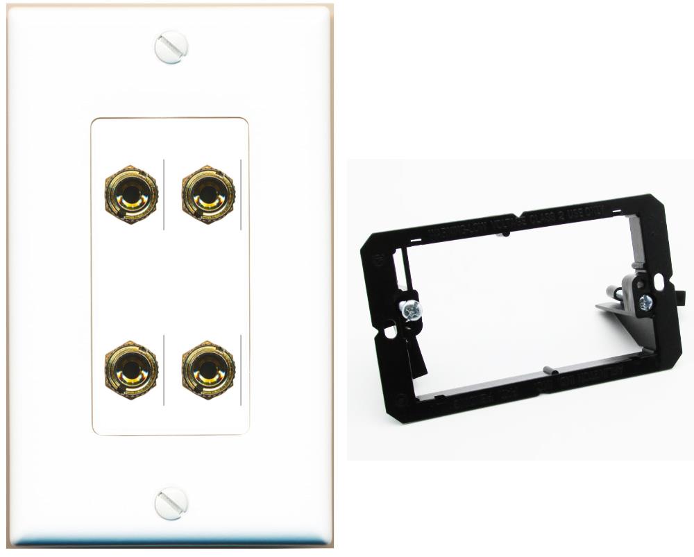RiteAV 4 Banana 2 Speaker Surround Female Coupler Binding Post Wall Plate - Bracket [White]