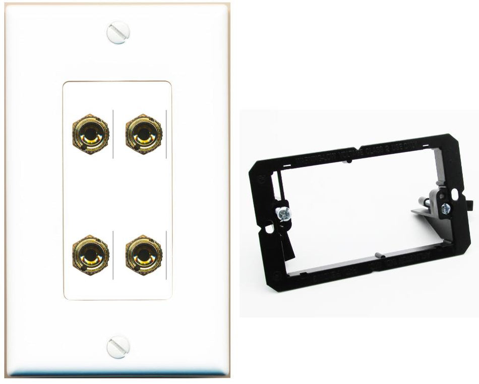RiteAV 4 Banana 2 Speaker Surround Female Coupler Binding Post Wall Plate - Bracket [White]