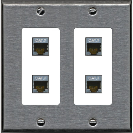 RiteAV 4 Port Cat7 Shielded Ethernet Wall Plate - 2 Gang [Stainless/White]