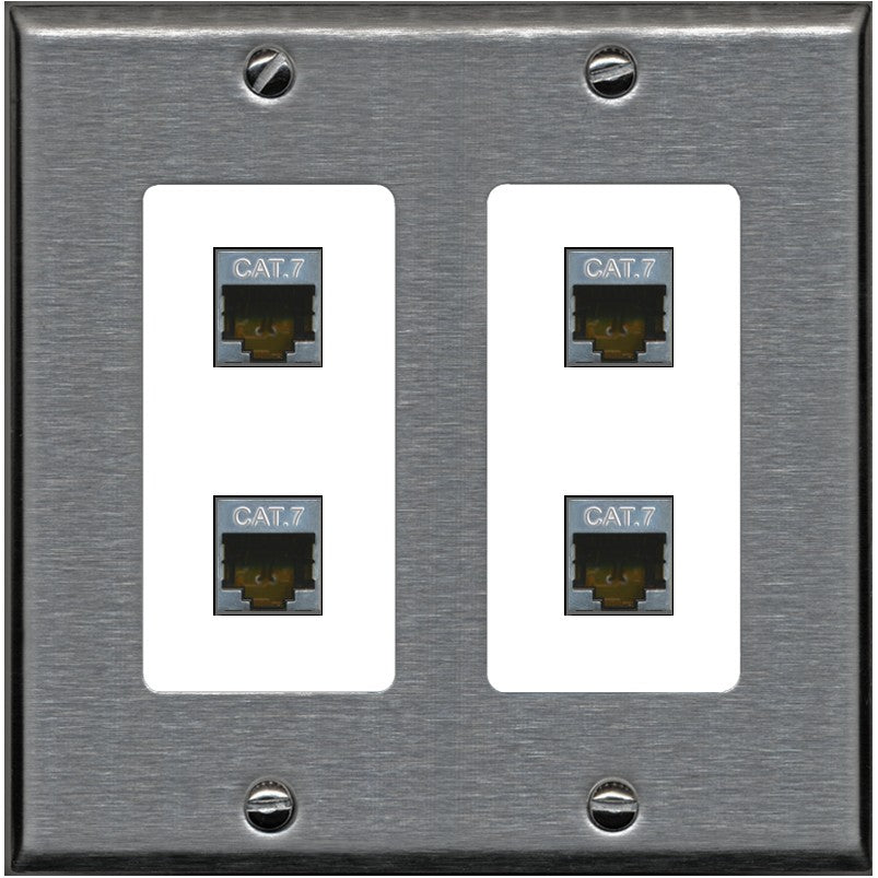 RiteAV 4 Port Cat7 Shielded Ethernet Wall Plate - 2 Gang [Stainless/White]