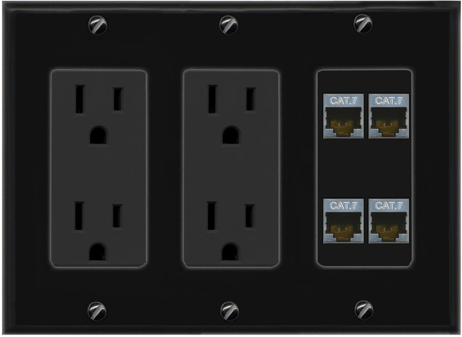 RiteAV 4 Port Cat7 Shielded Ethernet Wall Plate - 3 Gang 2 Outlet [Black/Black]