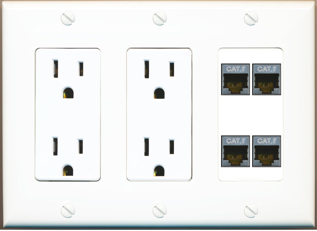 RiteAV 4 Port Cat7 Shielded Ethernet Wall Plate - 3 Gang 2 Outlet [White]