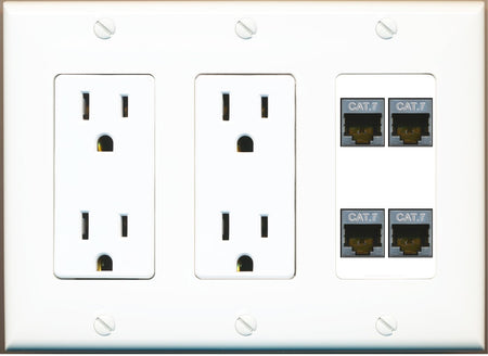 RiteAV 4 Port Cat7 Shielded Ethernet Wall Plate - 3 Gang 2 Outlet [White]