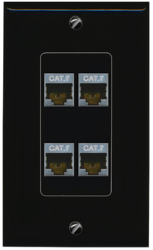 RiteAV 4 Port Cat7 Shielded Ethernet Wall Plate - 1 Gang Decorative [Black/Black]