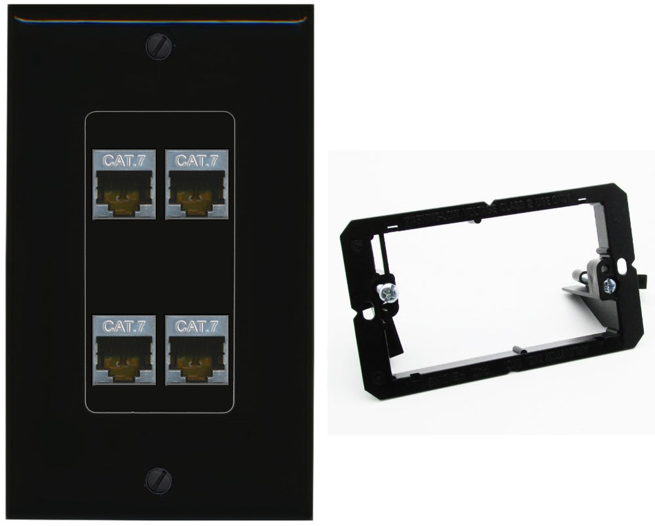 RiteAV 4 Port Cat7 Shielded Ethernet Wall Plate - Bracket [Black/Black]