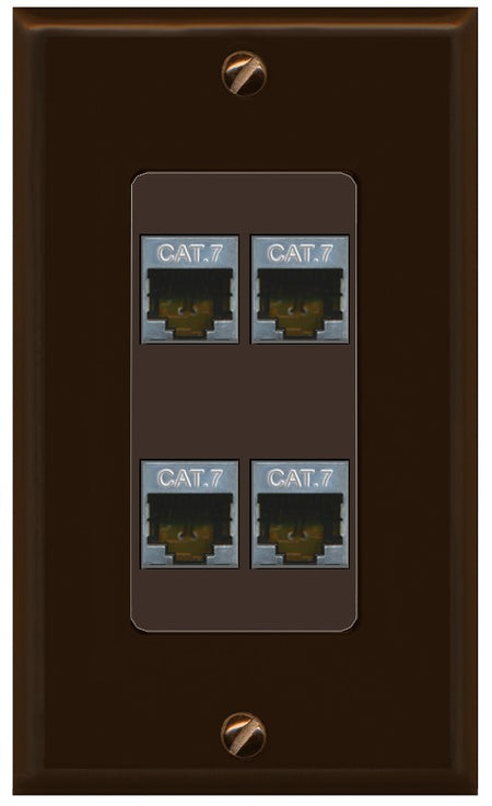 RiteAV 4 Port Cat7 Shielded Ethernet Wall Plate - 1 Gang Decorative [Brown/Brown]