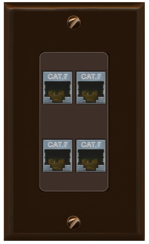 RiteAV 4 Port Cat7 Shielded Ethernet Wall Plate - 1 Gang Decorative [Brown/Brown]