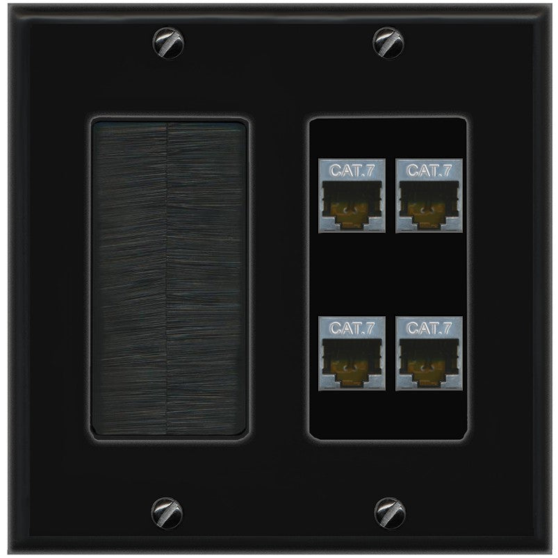 RiteAV 4 Port Cat7 Shielded Ethernet Wall Plate - Brush [Black/Black]