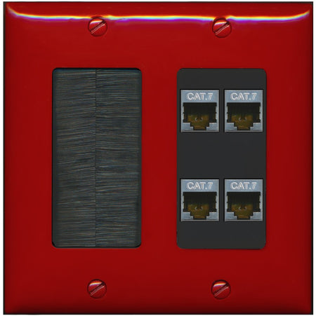 RiteAV 4 Port Cat7 Shielded Ethernet Wall Plate - Brush [Red/Black]