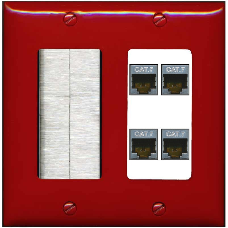 RiteAV 4 Port Cat7 Shielded Ethernet Wall Plate - Brush [Red/White]