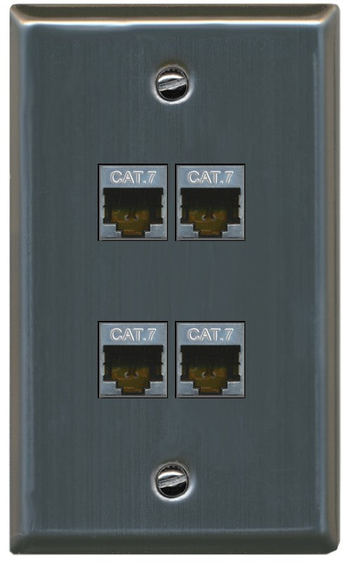 RiteAV 4 Port Cat7 Shielded Ethernet Wall Plate - Flat Style [Stainless Steel]