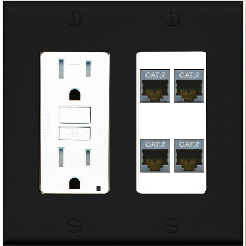 RiteAV 4 Port Cat7 Shielded Ethernet Wall Plate - GFCI Outlet [Black/White]