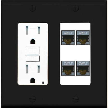 RiteAV 4 Port Cat7 Shielded Ethernet Wall Plate - GFCI Outlet [Black/White]