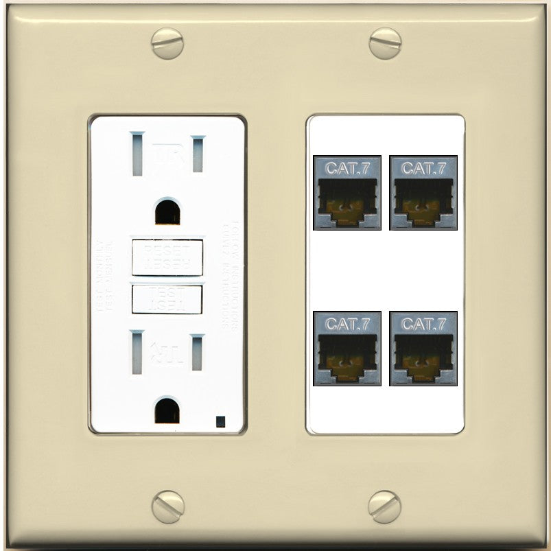 RiteAV 4 Port Cat7 Shielded Ethernet Wall Plate - GFCI Outlet [Ivory/White]