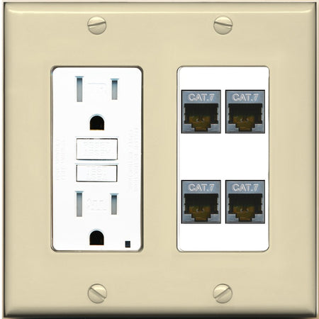 RiteAV 4 Port Cat7 Shielded Ethernet Wall Plate - GFCI Outlet [Ivory/White]