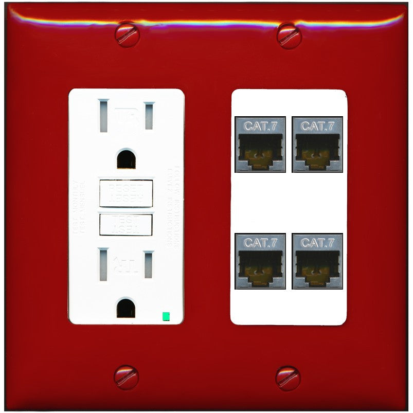 RiteAV 4 Port Cat7 Shielded Ethernet Wall Plate - GFCI Outlet [Red/White]