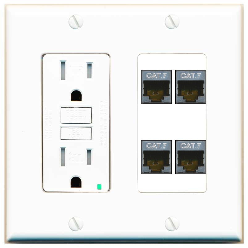 RiteAV 4 Port Cat7 Shielded Ethernet Wall Plate - GFCI Outlet [White]