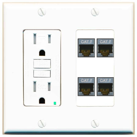 RiteAV 4 Port Cat7 Shielded Ethernet Wall Plate - GFCI Outlet [White]