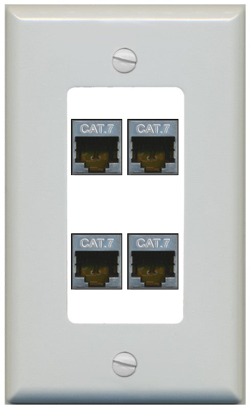 RiteAV 4 Port Cat7 Shielded Ethernet Wall Plate - 1 Gang Decorative [Gray/White]