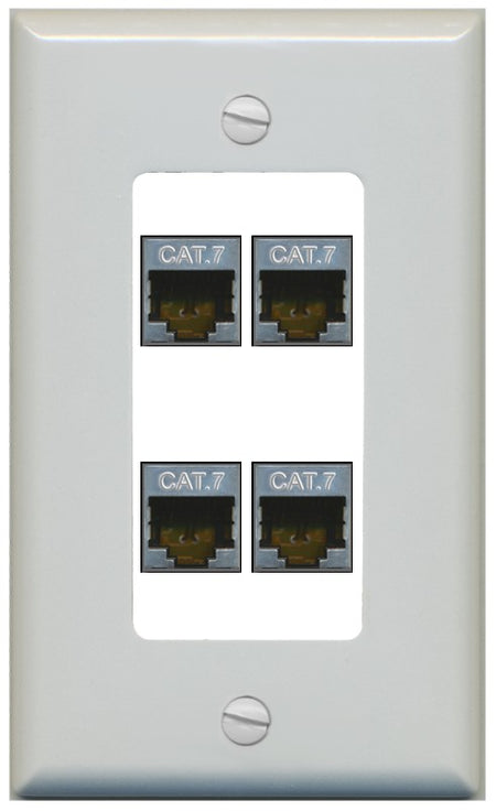 RiteAV 4 Port Cat7 Shielded Ethernet Wall Plate - 1 Gang Decorative [Gray/White]