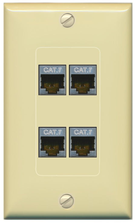 RiteAV 4 Port Cat7 Shielded Ethernet Wall Plate - 1 Gang Decorative [Ivory/Ivory]