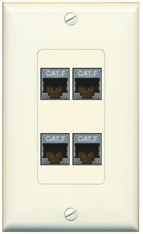 RiteAV 4 Port Cat7 Shielded Ethernet Wall Plate - 1 Gang Decorative [Light-Almond]