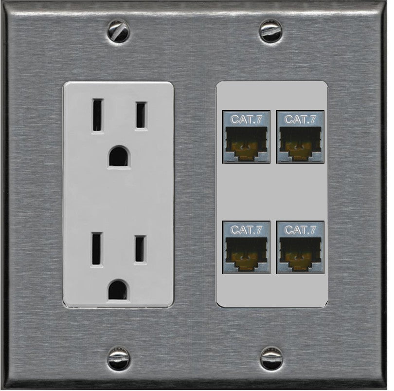 RiteAV 4 Port Cat7 Shielded Ethernet Wall Plate - Outlet [Stainless/Gray]