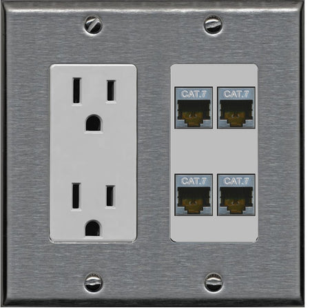 RiteAV 4 Port Cat7 Shielded Ethernet Wall Plate - Outlet [Stainless/Gray]